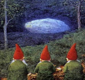 Three gnomes observing a mysterious light